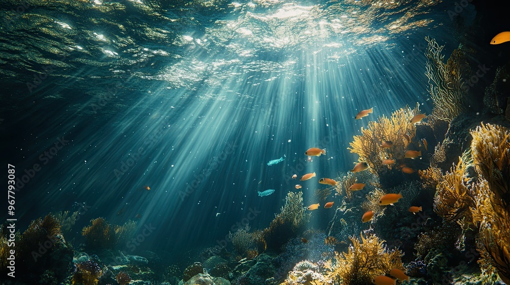 Obraz premium An underwater view of sunlight filtering through the waters surface, illuminating the ocean depths and surrounding sea life.
