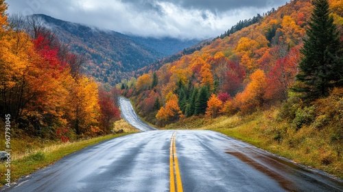 Mountain road lined with colorful autumn foliage