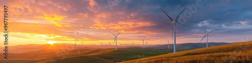 White wind turbines rotating against a sunset sky over golden fields and green hills