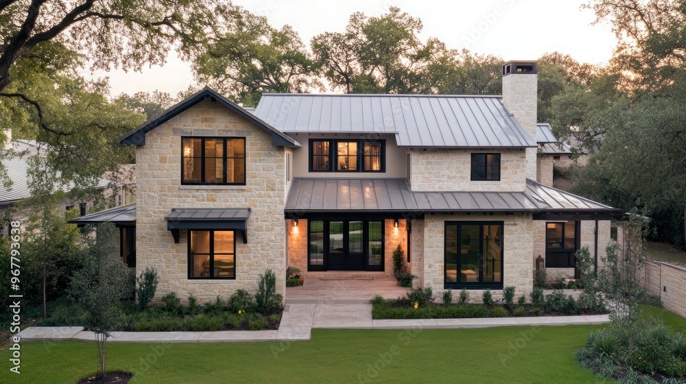 Two-story house with stone facade and metal roof, surrounded by green lawn and trees. Two-story house with stone facade and metal roof, surrounded by green lawn and trees.
