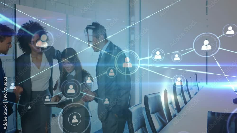 Animation of network of connections with icons over diverse colleagues talking in office Animation of network of connections with icons over diverse colleagues talking in office