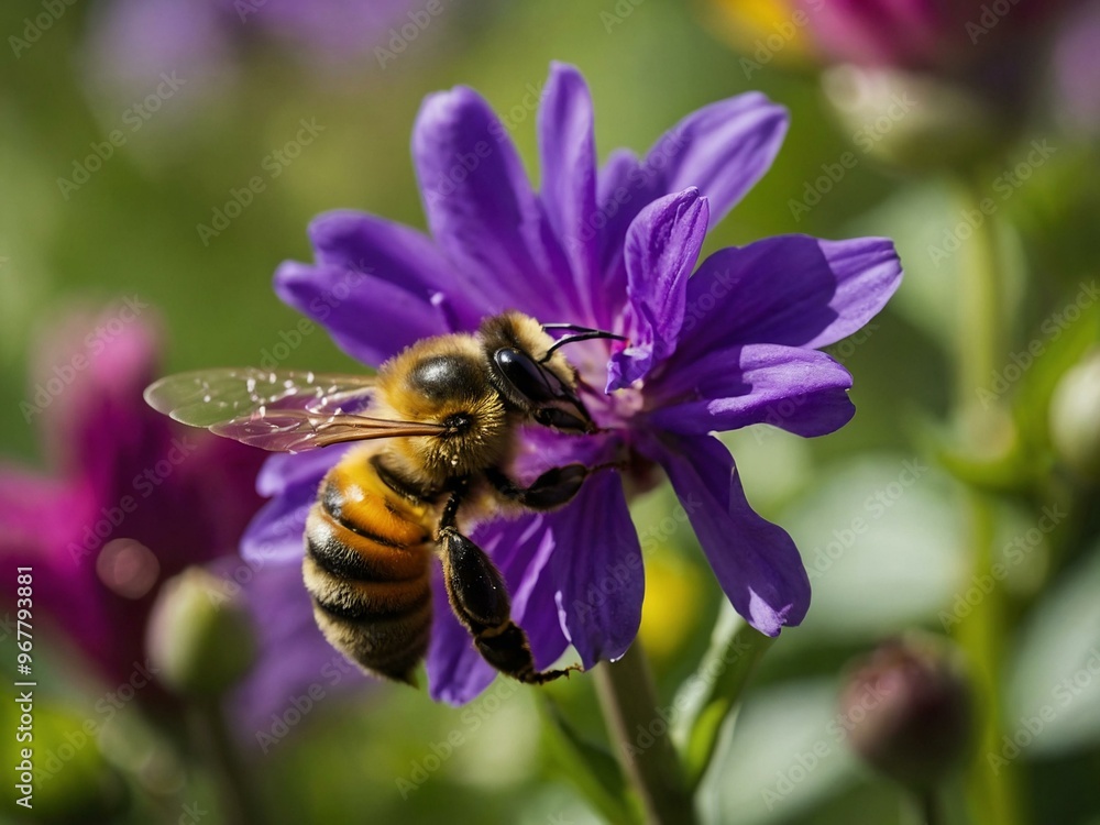 A bee collecting nectar from a vibrant flower, highlighting nature's beauty. A bee collecting nectar from a vibrant flower, highlighting nature's beauty.