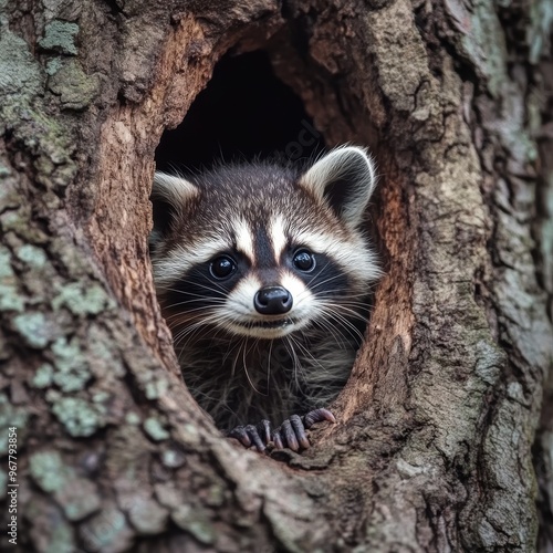 Curious Raccoon Peeking Out of a Tree Hollow