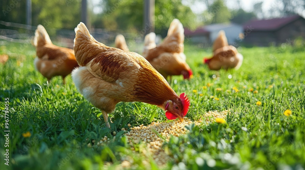 Fototapeta premium Free-range chickens pecking at freshly spread grains in a grassy field, symbolizing natural feeding practices.