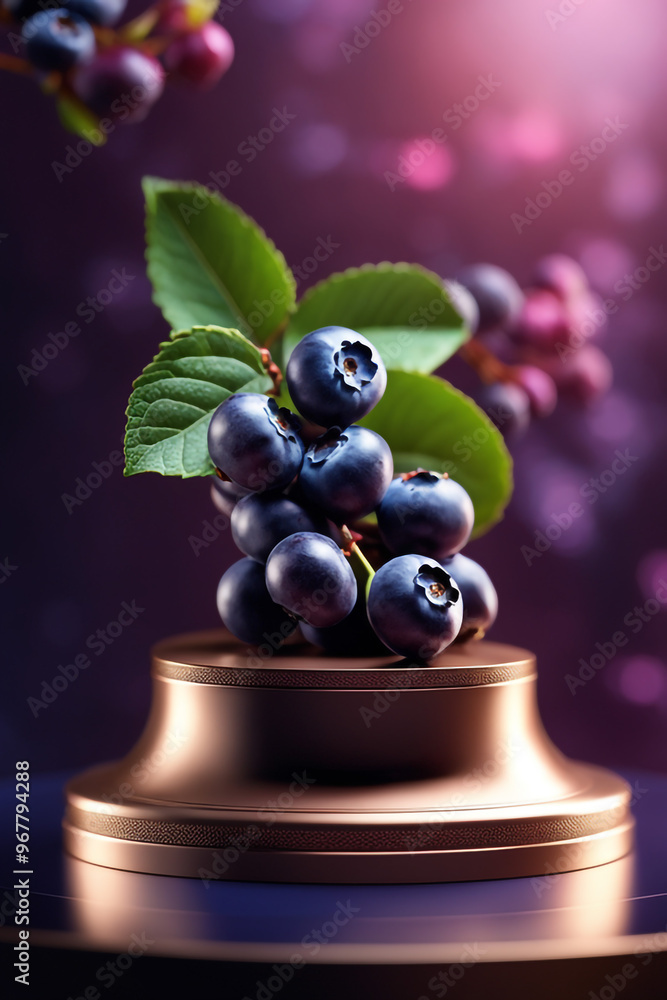 Naklejka premium Photo podium mockup background blueberry in blurry background for presentation 3d render 