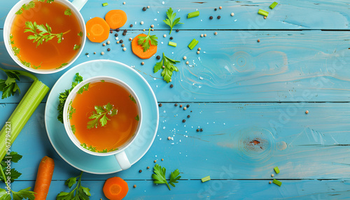 Delicious chicken bouillon with carrot and celery on blue wooden table, top view. Space for text