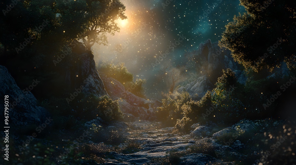 Fototapeta premium Mystical Forest Path with a Glowing Sky