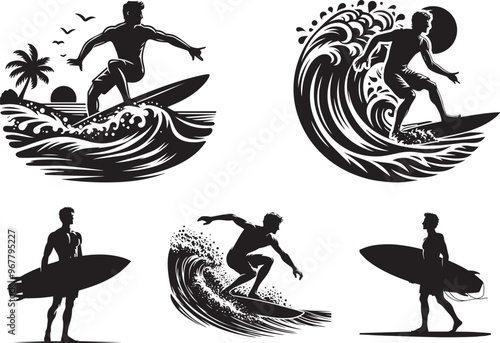 Surfing Man Silhouette, Surfer Riding Wave Vector , Surfboard Icon on White Background