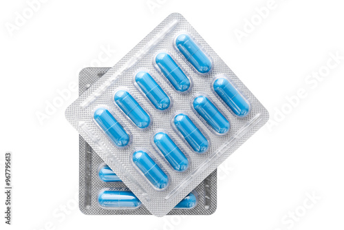 Blue medicine capsules and remedy pills in blister pack, pharmaceutical cure, antibiotics or painkillers isolated on transparent background