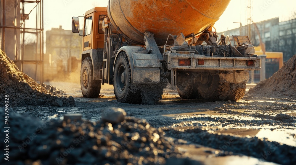 Detailed close-up of a concrete mixer truck, with concrete being poured into a foundation, highlighting the construction process. Detailed close-up of a concrete mixer truck, with concrete being poured into a foundation, highlighting the construction process.