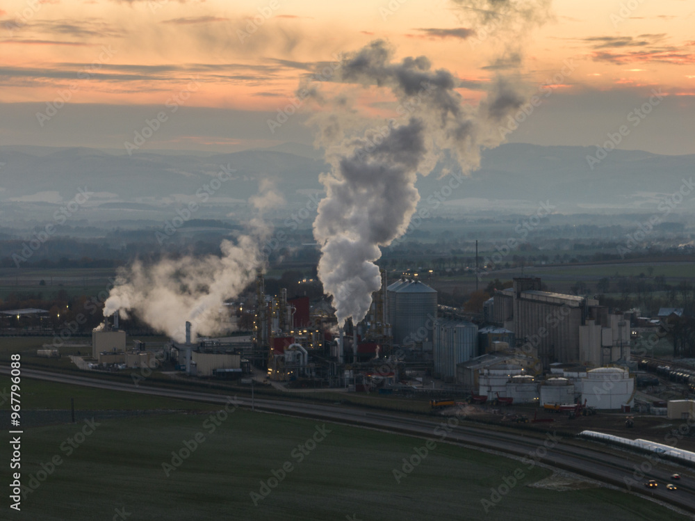 Obraz premium Polish producer of bioethanol and ethanol produced from corn grain. The production plant is located near Nysa in Poland. Methanol and ethanol plant.. View of methanol and ethanol factory.