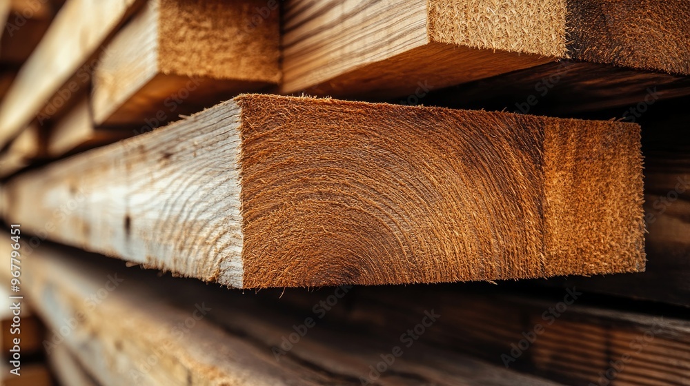 Detailed view of lumber stacked on-site, ready for construction, with wood texture clearly visible in a close-up shot. Detailed view of lumber stacked on-site, ready for construction, with wood texture clearly visible in a close-up shot.