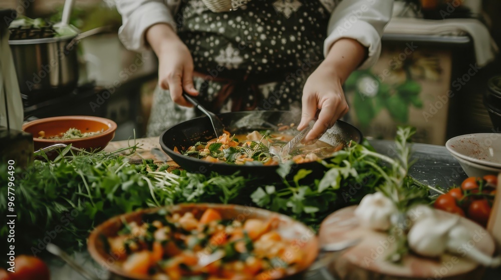 A chef stirs a pan of food, surrounded by fresh herbs and vegetables. The rustic setting evokes a sense of home cooking and wholesome ingredients. A chef stirs a pan of food, surrounded by fresh herbs and vegetables. The rustic setting evokes a sense of home cooking and wholesome ingredients.