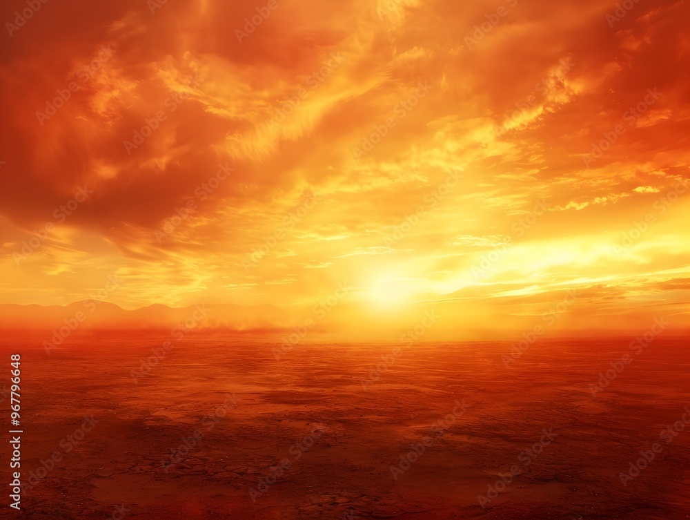 Fototapeta premium Fiery Sunset Over Dramatic Desert Landscape with Blazing Sky in Warm Hues