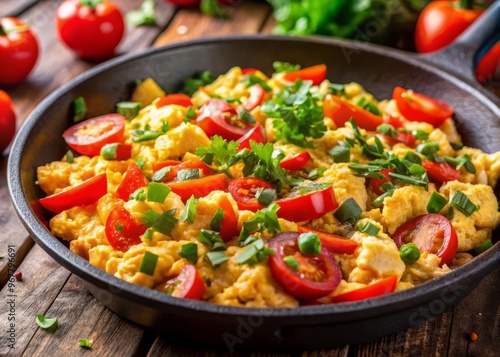 Vibrant close-up of a sizzling skillet filled with fluffy scrambled eggs, juicy tomatoes, and crunchy peppers, with a sprinkle of fresh cilantro on top