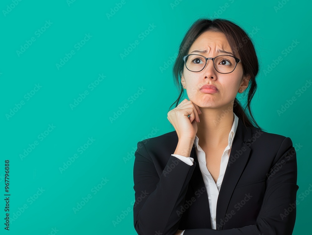 A thoughtful woman in a business suit, pondering an idea against a vibrant turquoise background, representing contemplation and decision-making. A thoughtful woman in a business suit, pondering an idea against a vibrant turquoise background, representing contemplation and decision-making.