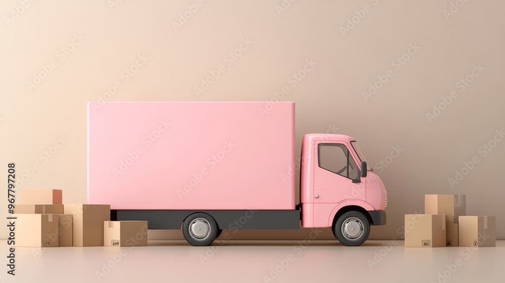 3D pink truck with boxes on beige background 3D pink truck with boxes on beige background