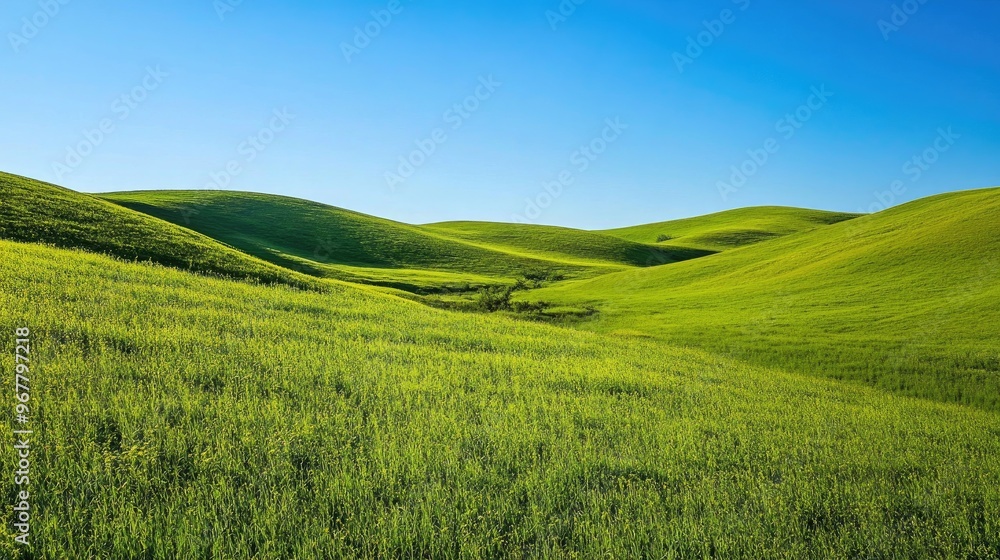 Rolling hills covered in green grass under a clear blue sky Rolling hills covered in green grass under a clear blue sky