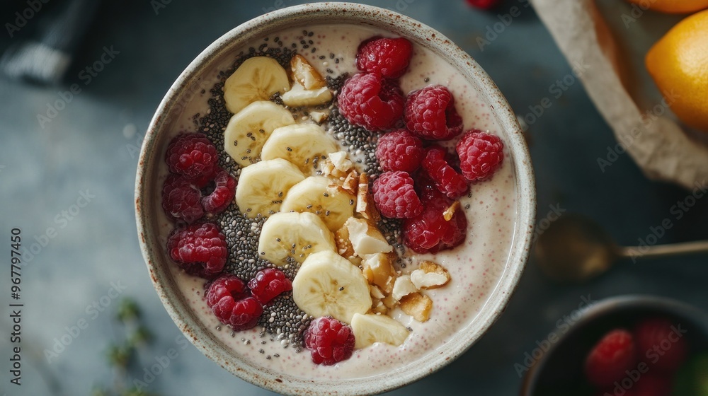 A colorful smoothie bowl topped with banana, raspberries, chia seeds, and nuts. A colorful smoothie bowl topped with banana, raspberries, chia seeds, and nuts.