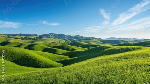 Rolling hills covered in green grass under a clear blue sky