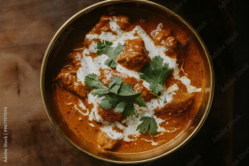 Flavorful Butter Chicken Curry Served in a Warm Brass Bowl with Soft Natural Lighting Flavorful Butter Chicken Curry Served in a Warm Brass Bowl with Soft Natural Lighting