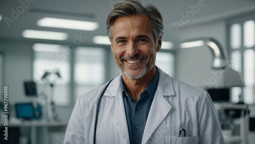 A confident doctor smiling at the camera, dressed in a white lab coat.