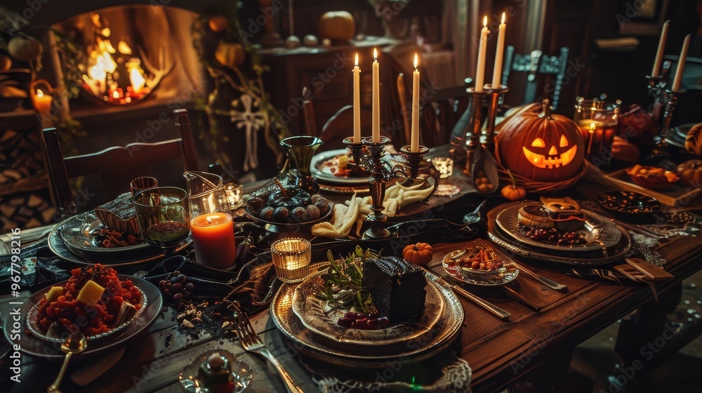 A darkly lit Halloween table setting with a fireplace, jack-o-lantern, candles and a spooky meal. A darkly lit Halloween table setting with a fireplace, jack-o-lantern, candles and a spooky meal.