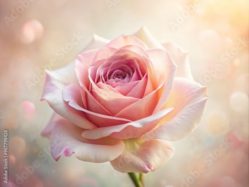 Delicate pink rose petals unfold against a soft, blurred background of pastel hues and subtle texture, evoking a