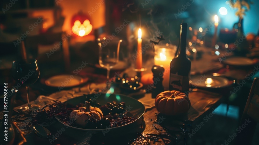 A dimly lit table set for a spooky Halloween dinner with candles, pumpkins, and wine glasses. A dimly lit table set for a spooky Halloween dinner with candles, pumpkins, and wine glasses.
