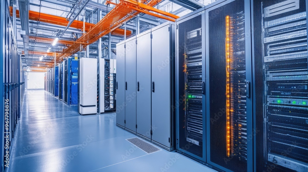 Interior of a modern data center with advanced cooling systems and neatly organized cable management, ensuring optimal performance. Interior of a modern data center with advanced cooling systems and neatly organized cable management, ensuring optimal performance.