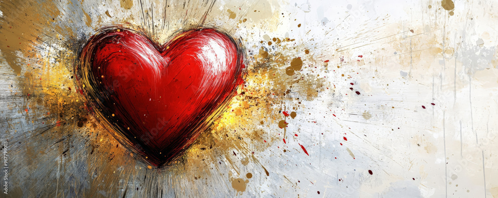 A bold love symbol background with a striking red heart surrounded by dynamic, abstract splashes of gold and white, creating a passionate and vibrant effect. A bold love symbol background with a striking red heart surrounded by dynamic, abstract splashes of gold and white, creating a passionate and vibrant effect.