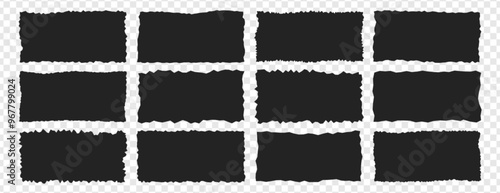 Set of black grunge rectangle frames with jagged edges. Geometric rectangular form of old torn paper pieces or shred black sheets. Ripped edge texture simple shape silhouettes of page tear fragments.
