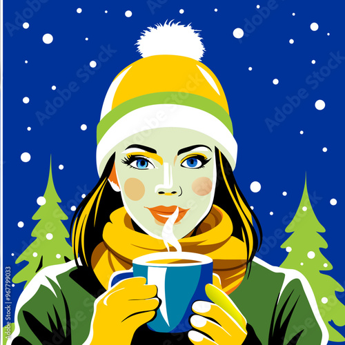 Beautiful woman drinking hot cocoa with steam in cozy winter setting