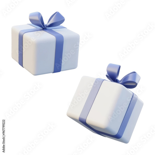 two white gift box with blue ribbon 3d render icon isolated on transparent background cutout photo