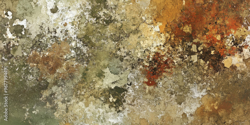 A burst of earthy paints in colors like moss green, rust, and ochre, with a rough, textured surface and dynamic splatters that evoke a natural feel. photo