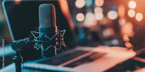 A podcast microphone set up next to a laptop on a desk, ideal for content creation, broadcasting, and recording.

