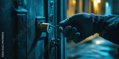 A gloved hand using a tool to pick a lock in a dark, eerie setting, symbolizing burglary or security breach.
 photo