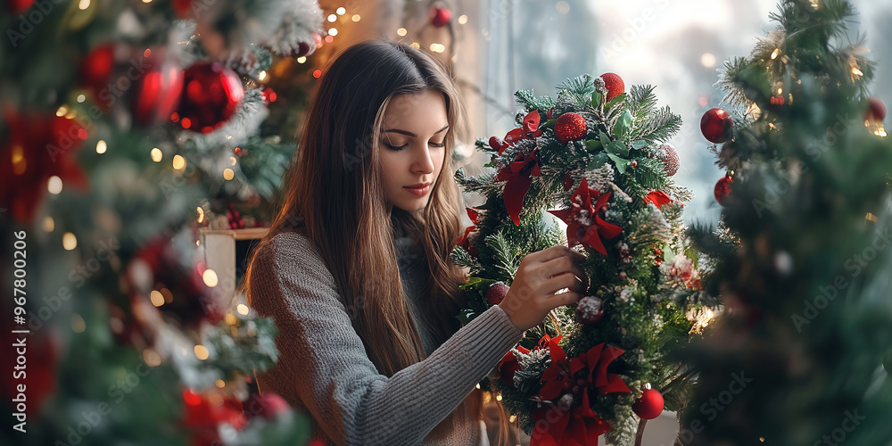 beautiful female florist making a beautiful Christmas wreath beautiful female florist making a beautiful Christmas wreath