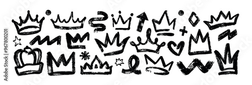 Set of grunge bold king crowns in brush stroke texture. Black rough prince diadem. Hand drawn doodle graffiti princess majestic tiara, queen royal head accessories, stars, arrow, dots and wavy lines