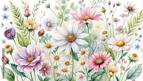 Delicate watercolor illustration of blooming wildflowers, including daisies and cosmos, surrounded by whimsical