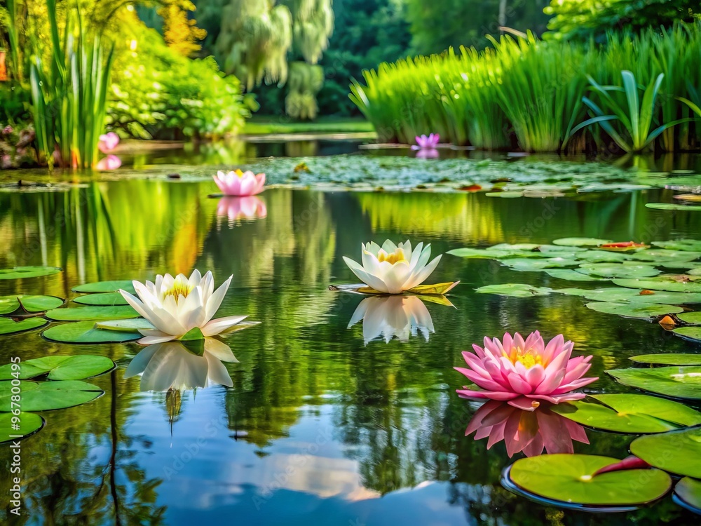 Delicate water lily blooms and lush green leaves float serenely on the tranquil surface of a pond, reflected Delicate water lily blooms and lush green leaves float serenely on the tranquil surface of a pond, reflected