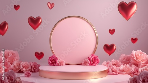 Romantic Valentine’s Day Product Display Podium With Floating Red Hearts, Roses, And Pink Floral Decoration In Soft Love-Themed Background