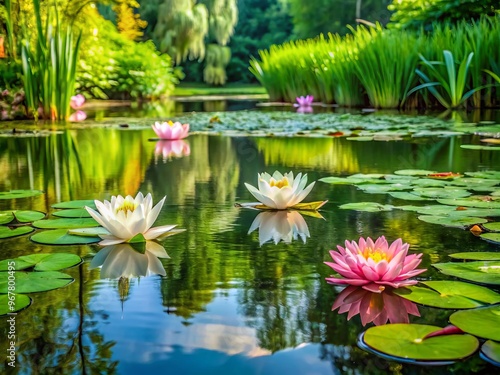 Delicate water lily blooms and lush green leaves float serenely on the tranquil surface of a pond, reflected