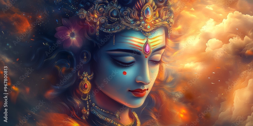Serene Divinity: A digital painting of Lord Shiva, the Hindu deity of destruction and transformation, with his eyes closed in a state of deep meditation. He is depicted as a blue-skinned figure with a Serene Divinity: A digital painting of Lord Shiva, the Hindu deity of destruction and transformation, with his eyes closed in a state of deep meditation. He is depicted as a blue-skinned figure with a