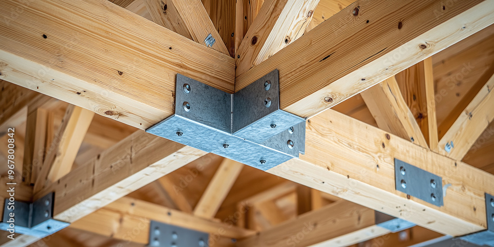 modern roof truss system with wooden beams and metal connectors modern roof truss system with wooden beams and metal connectors