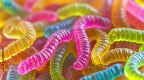 Neon-colored gummy worms, piled together in a close-up view, showcasing their vibrant hues and soft texture.