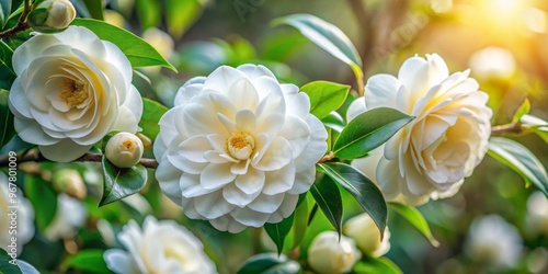 Delicate white camell flowers bloom on lush green branches, showcasing intricate petal details, soft natural light, and photo