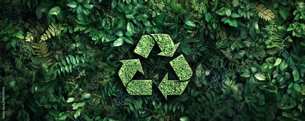 Naklejka premium A conceptual background featuring a recycling symbol in lush, green foliage, with a natural, textured surface that emphasizes environmental friendliness.