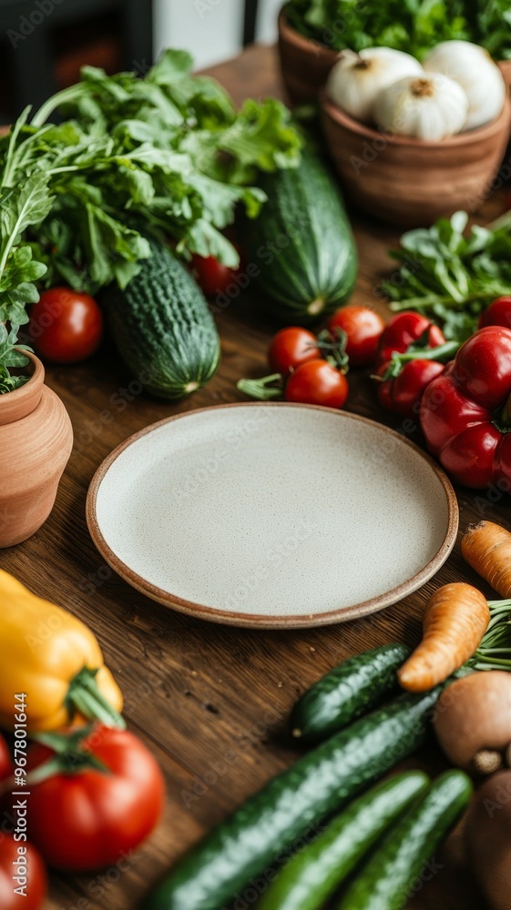 Fresh vegetables arranged on a wooden table with a plain plate, perfect for healthy meal preparation and vibrant culinary displays. Fresh vegetables arranged on a wooden table with a plain plate, perfect for healthy meal preparation and vibrant culinary displays.