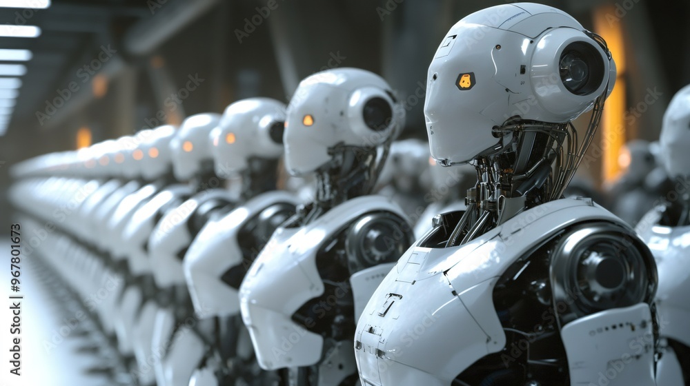 Row of humanoid robots with glowing eyes in a futuristic setting. Row of humanoid robots with glowing eyes in a futuristic setting.